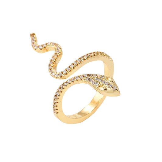 Gold Snake Shaped Ring with Diamonds Adjustable Size