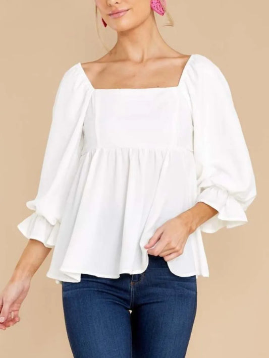 Simple Mid Sleeved Flowy Ruffles Square Neck Top