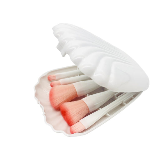 Shell Mirror with Brush Set, Powder Blush Brush Powder 5 Brush Portable Mini Set