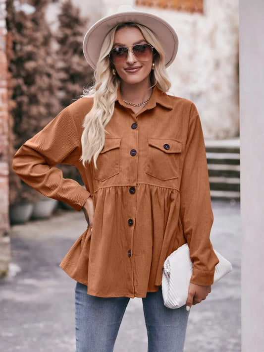 Mandy Autumn Collared Neck Loose Fit Button Down Top