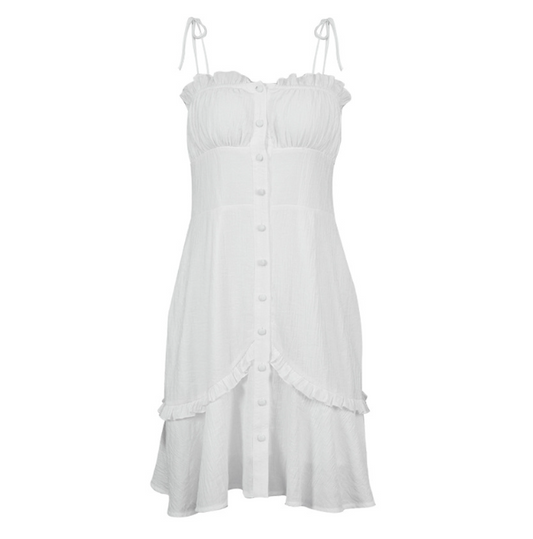 Summer White Button Up Ruffle Short Skirt Strap Dress
