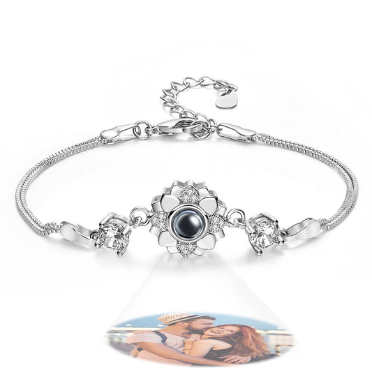 Silver Photo Projection Bracelet with Flower Design, Romantic Gift
