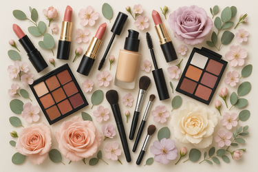 makeup collage with flowers