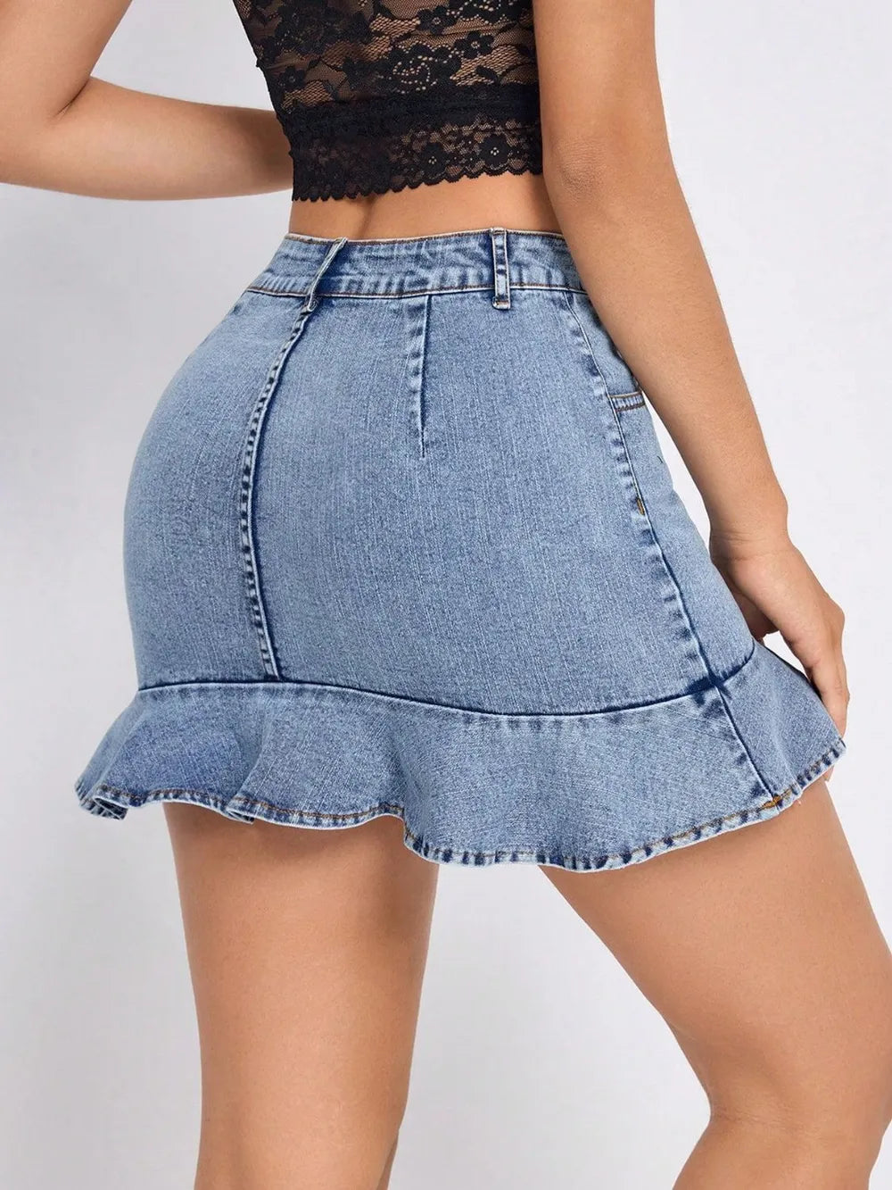 Ruffled Hem Denim Mini Skirt with Pockets