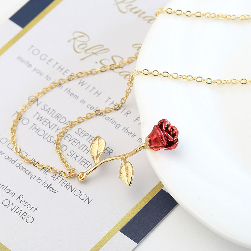 Red Rose Pendant Necklace in Silver, Gold, Rose Gold, Gift for Girlfriend Wife Mother