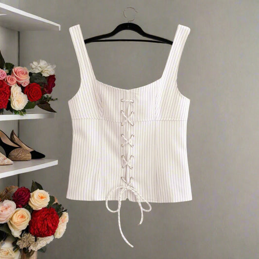 Lace-up Low Neck Sleeveless Striped Corset Top