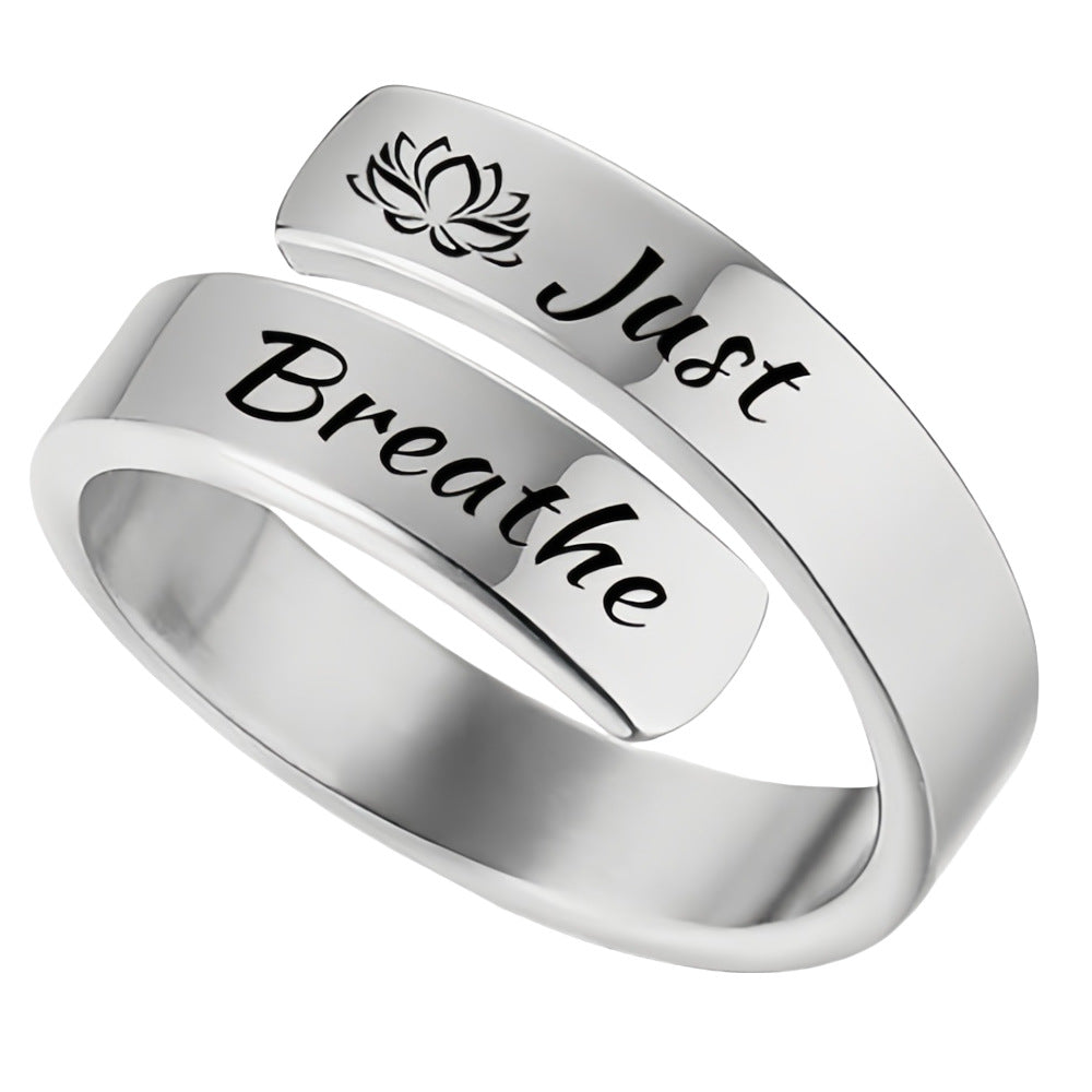 Just Breathe Wrap Titanium Steel Ring with Engraved Lotus or Heart Adjustable Size