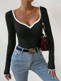 Vertical Stripe Trim Slim Knitted Top Long Sleeves