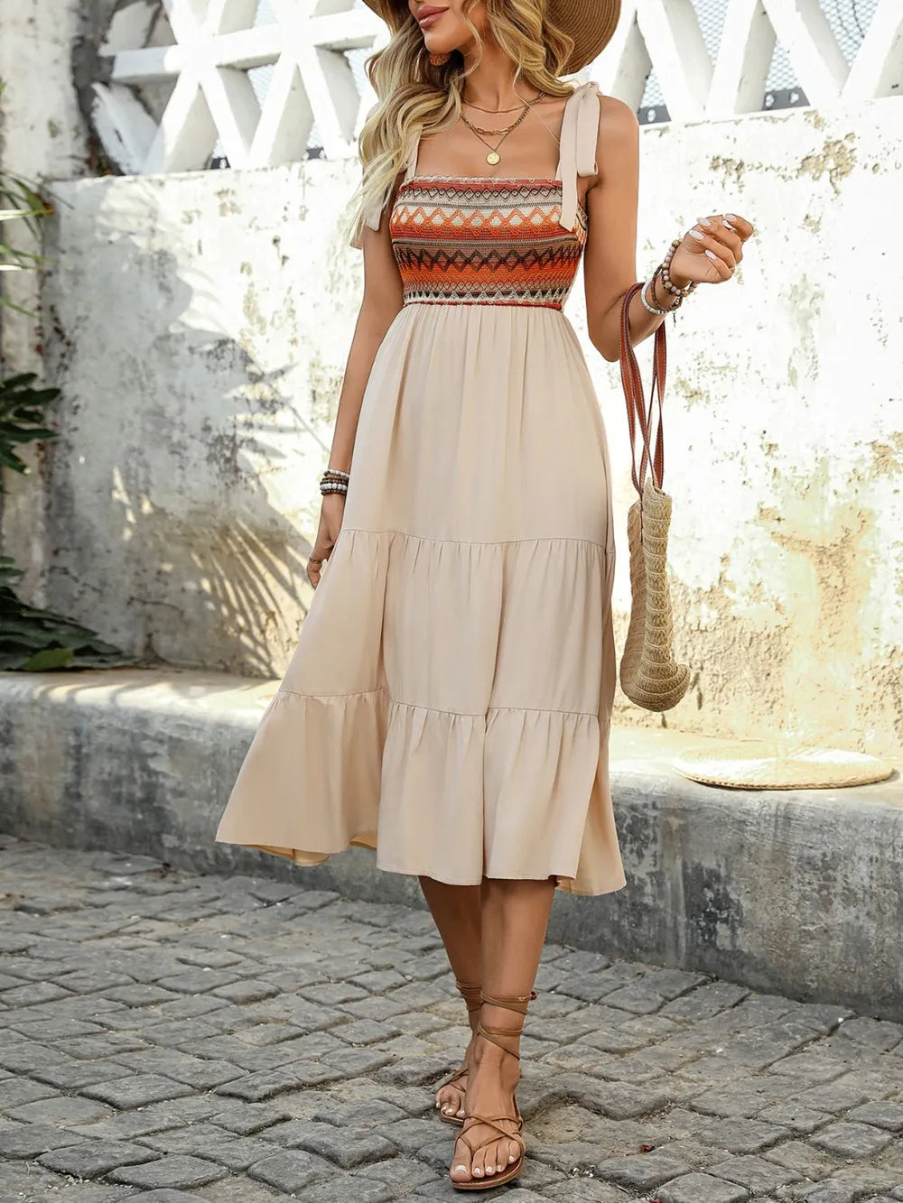 Tied Smocked Tiered Midi Cami Dress