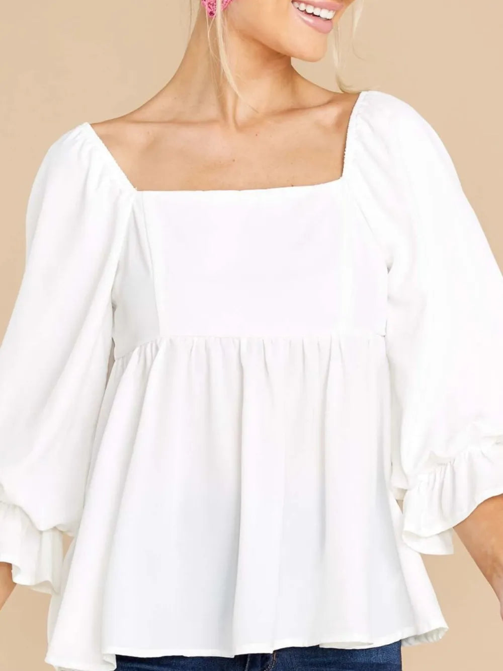 Simple Mid Sleeved Flowy Ruffles Square Neck Top