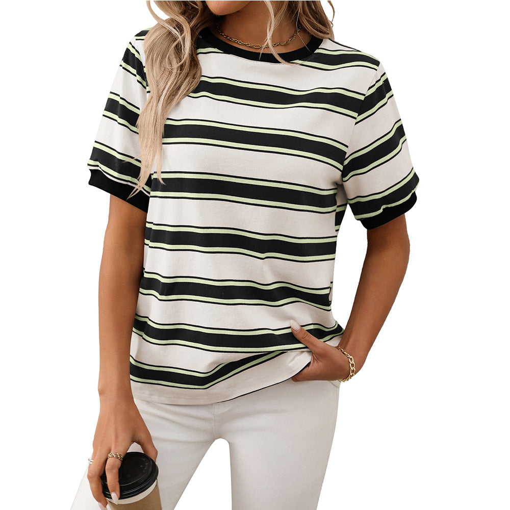 Round Neck Loose Top Striped Contrast Color T-shirt