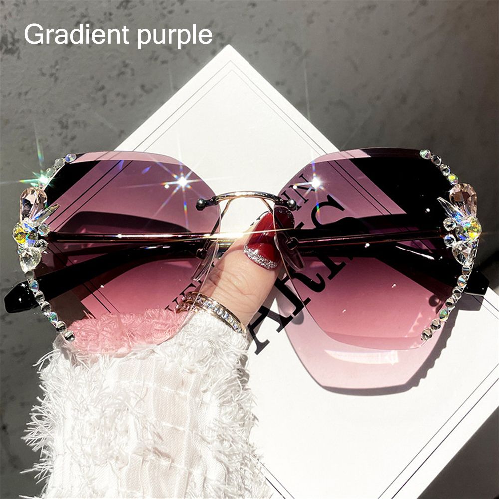 Vintage Rimless Rhinestone UV400 Sunglasses Retro Lens Gradient Sun Glasses