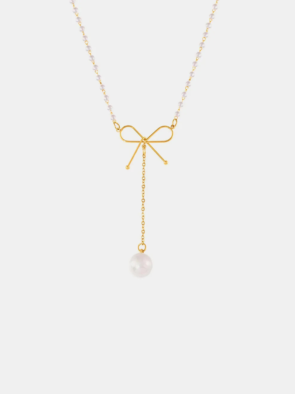 Gold Bow Long Chain Dangle Pearl Stainless Steel Necklace