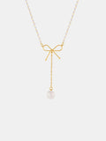 Gold Bow Long Chain Dangle Pearl Stainless Steel Necklace