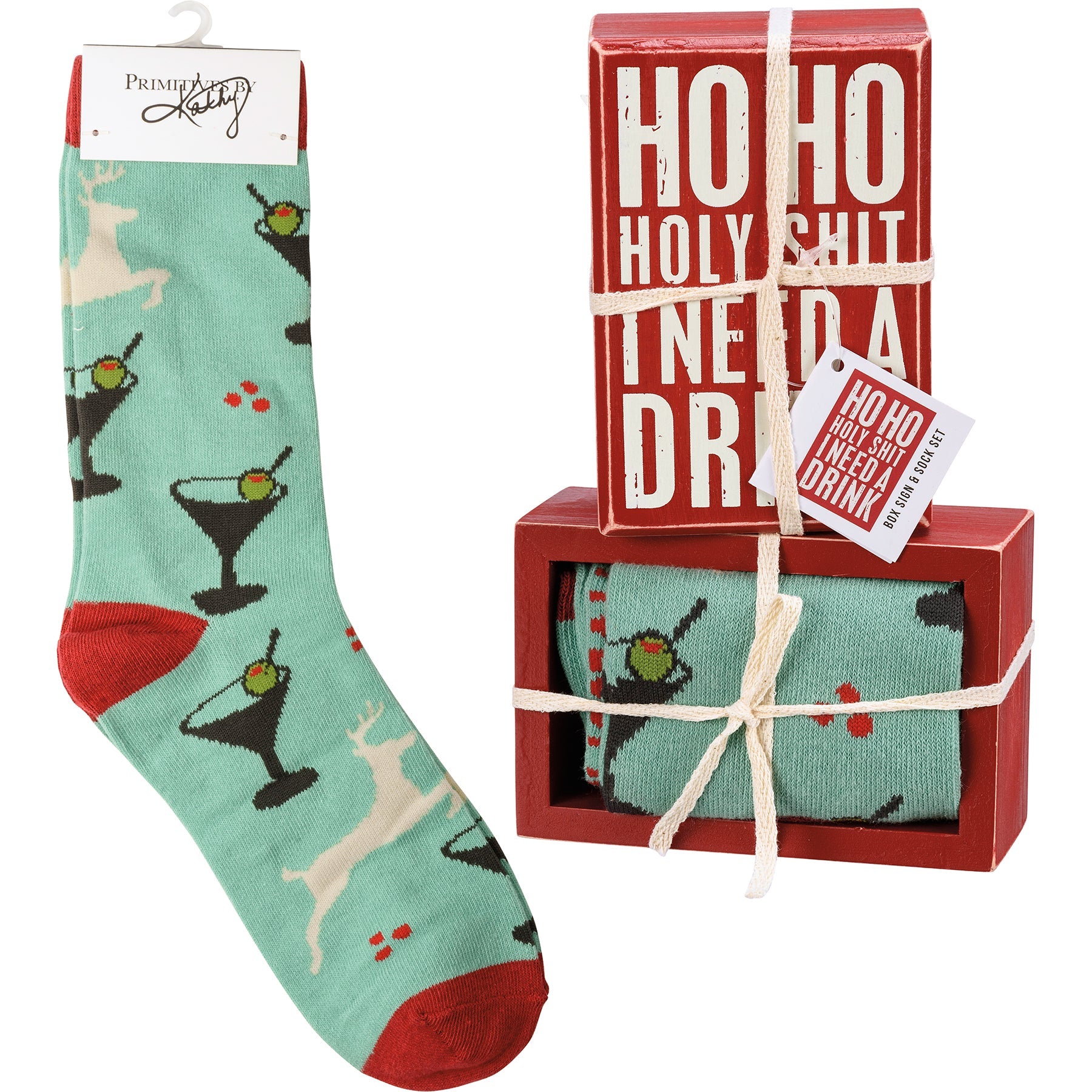 Ho Ho Holy Shit I Need A Drink Box Sign And Sock Giftable Set |