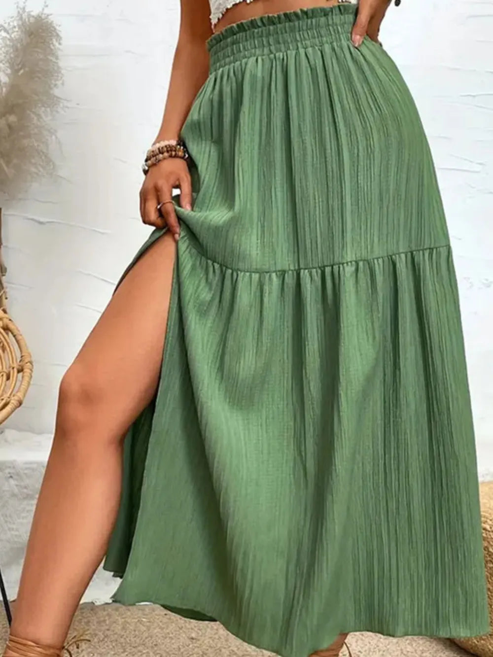 Frill High Slit Long Flowy Skirt