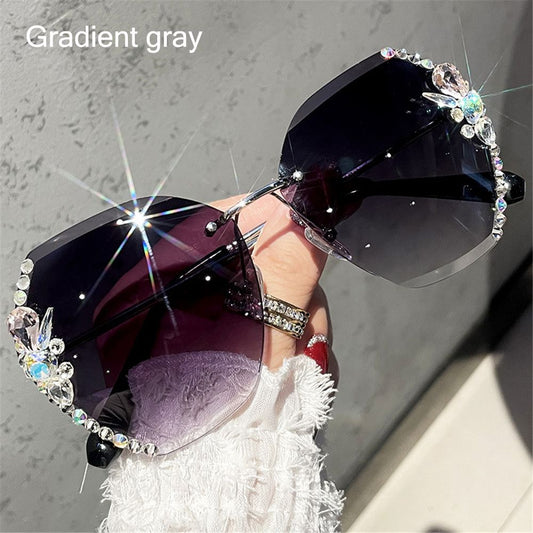 Vintage Rimless Rhinestone UV400 Sunglasses Retro Lens Gradient Sun Glasses