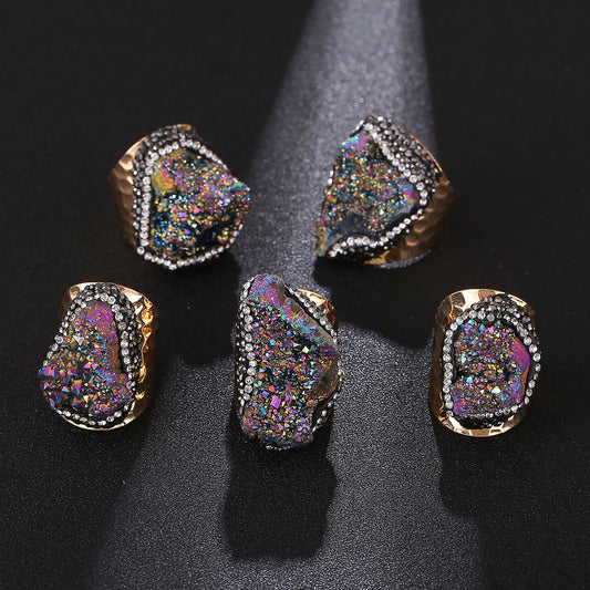 Natural Crystal Geode Cluster Ring, Beautiful Stone Cluster with Diamonds, Geode Gold-Plated Handmade Ring