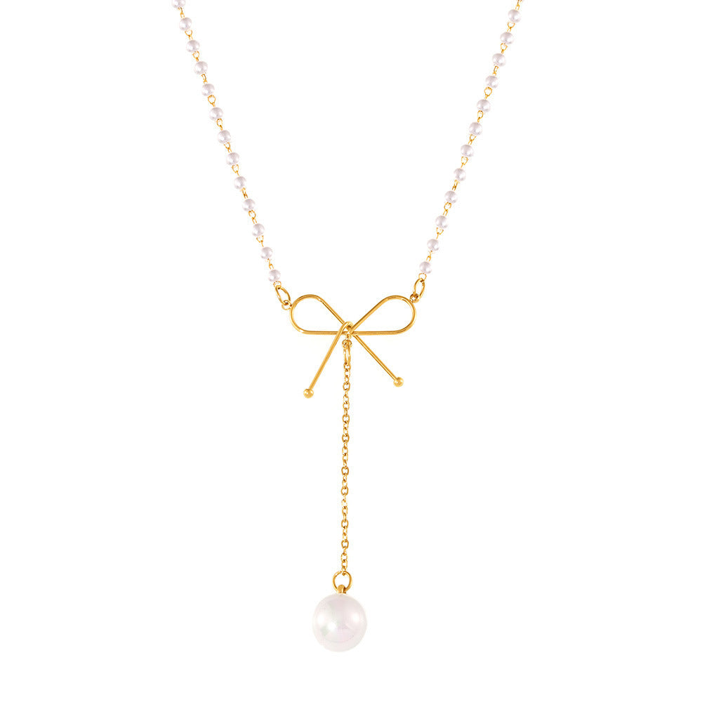 Gold Bow Long Chain Dangle Pearl Stainless Steel Necklace