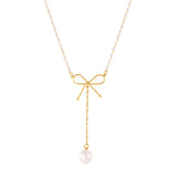 Gold Bow Long Chain Dangle Pearl Stainless Steel Necklace