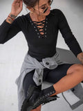 Lace Up Front Long Sleeve Ribbed T-Shirt
