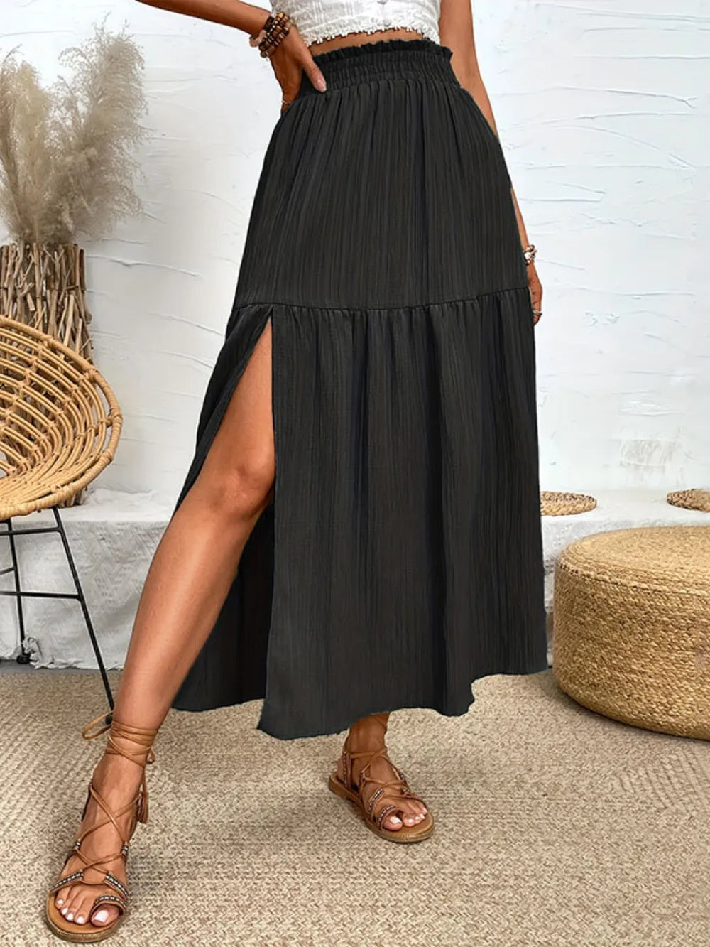Frill High Slit Long Flowy Skirt