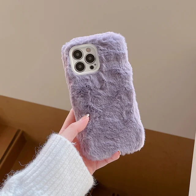 Candy Color Warm Furry Phone Case For iPhone 11 12 13 Pro Max 14 Pro Max 14Plus Camera Lens Protection Soft TPU Back Cover