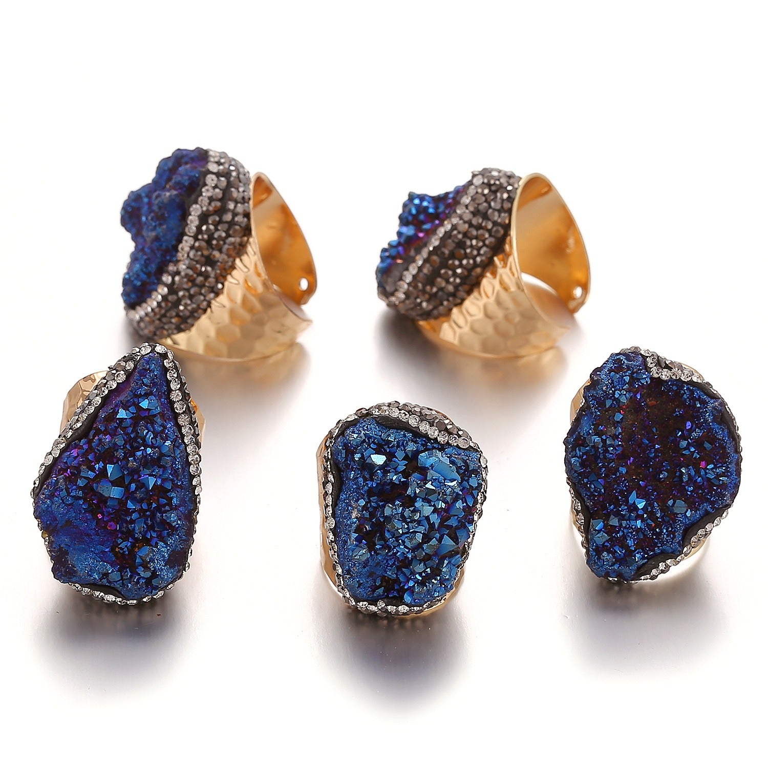 Natural Crystal Geode Cluster Ring, Beautiful Stone Cluster with Diamonds, Geode Gold-Plated Handmade Ring