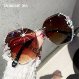 Vintage Rimless Rhinestone UV400 Sunglasses Retro Lens Gradient Sun Glasses