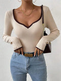 Vertical Stripe Trim Slim Knitted Top Long Sleeves