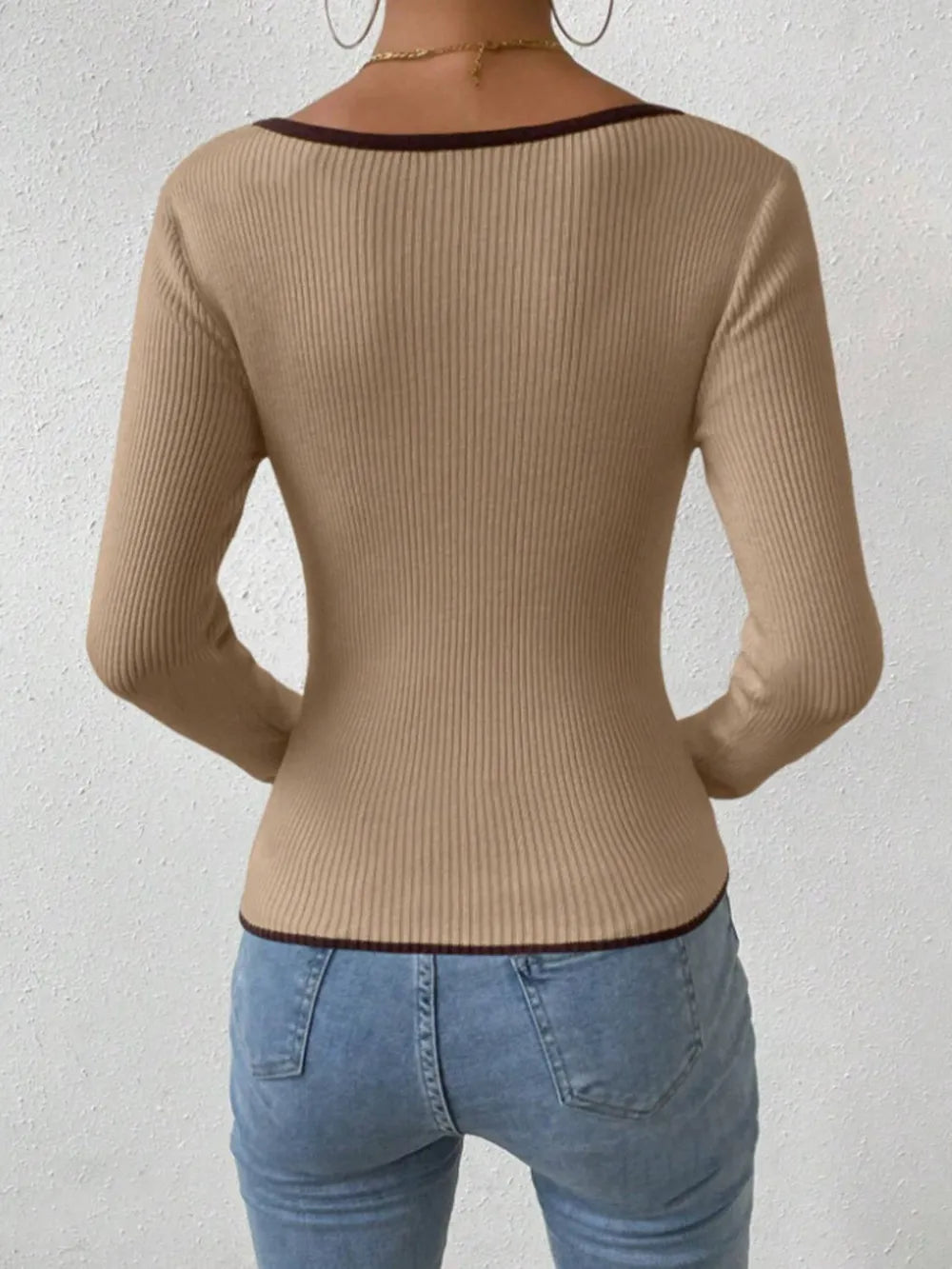 Vertical Stripe Trim Slim Knitted Top Long Sleeves