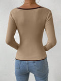 Vertical Stripe Trim Slim Knitted Top Long Sleeves