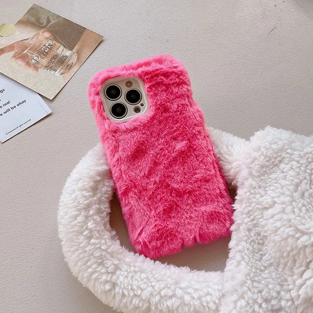 Candy Color Warm Furry Phone Case For iPhone 11 12 13 Pro Max 14 Pro Max 14Plus Camera Lens Protection Soft TPU Back Cover