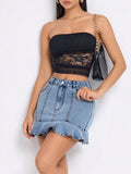 Ruffled Hem Denim Mini Skirt with Pockets