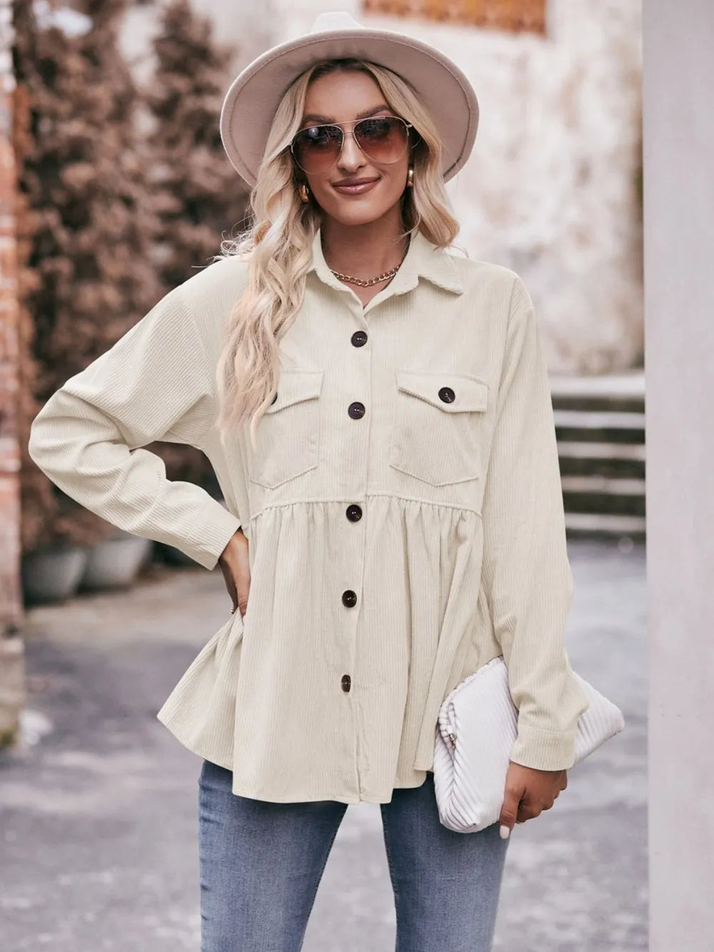 Mandy Autumn Collared Neck Loose Fit Button Down Top