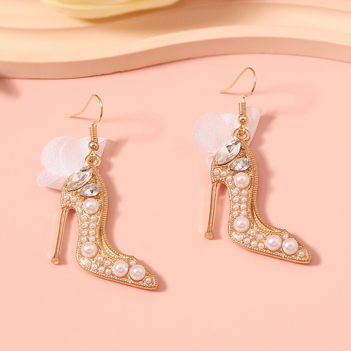 Fashionista Crystal High Heel Earrings, Alloy Inlaid Red or White Diamond Heels with Bow Earrings