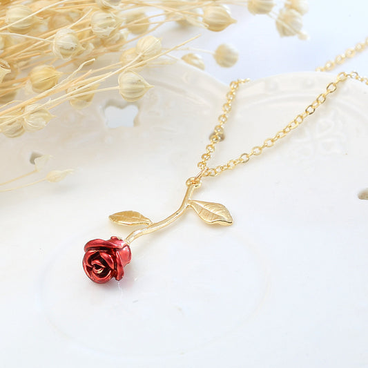 Red Rose Pendant Necklace in Silver, Gold, Rose Gold, Gift for Girlfriend Wife Mother