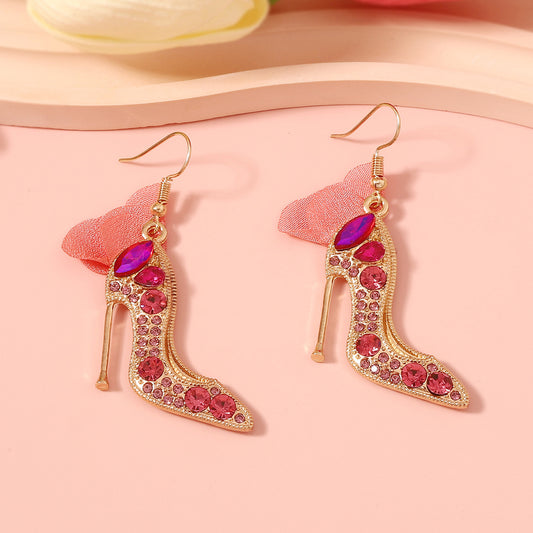 Fashionista Crystal High Heel Earrings, Alloy Inlaid Red or White Diamond Heels with Bow Earrings
