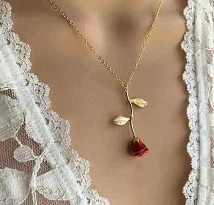 Red Rose Pendant Necklace in Silver, Gold, Rose Gold, Gift for Girlfriend Wife Mother