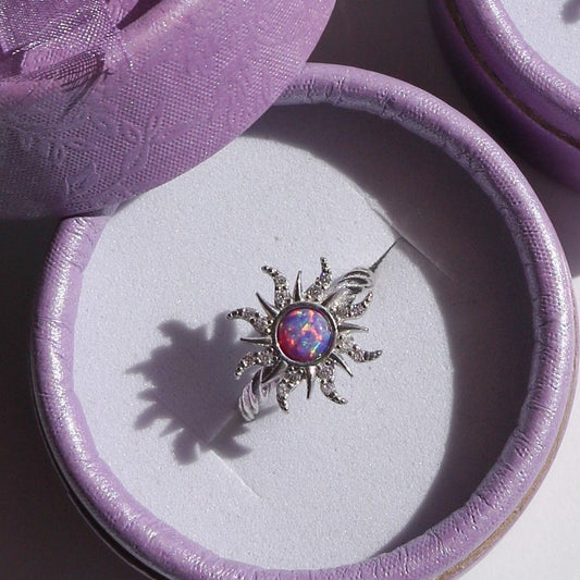 Solar Sun Purple Iridescent Stone Ring, Beautiful Galaxy Twisted Ring with Diamonds