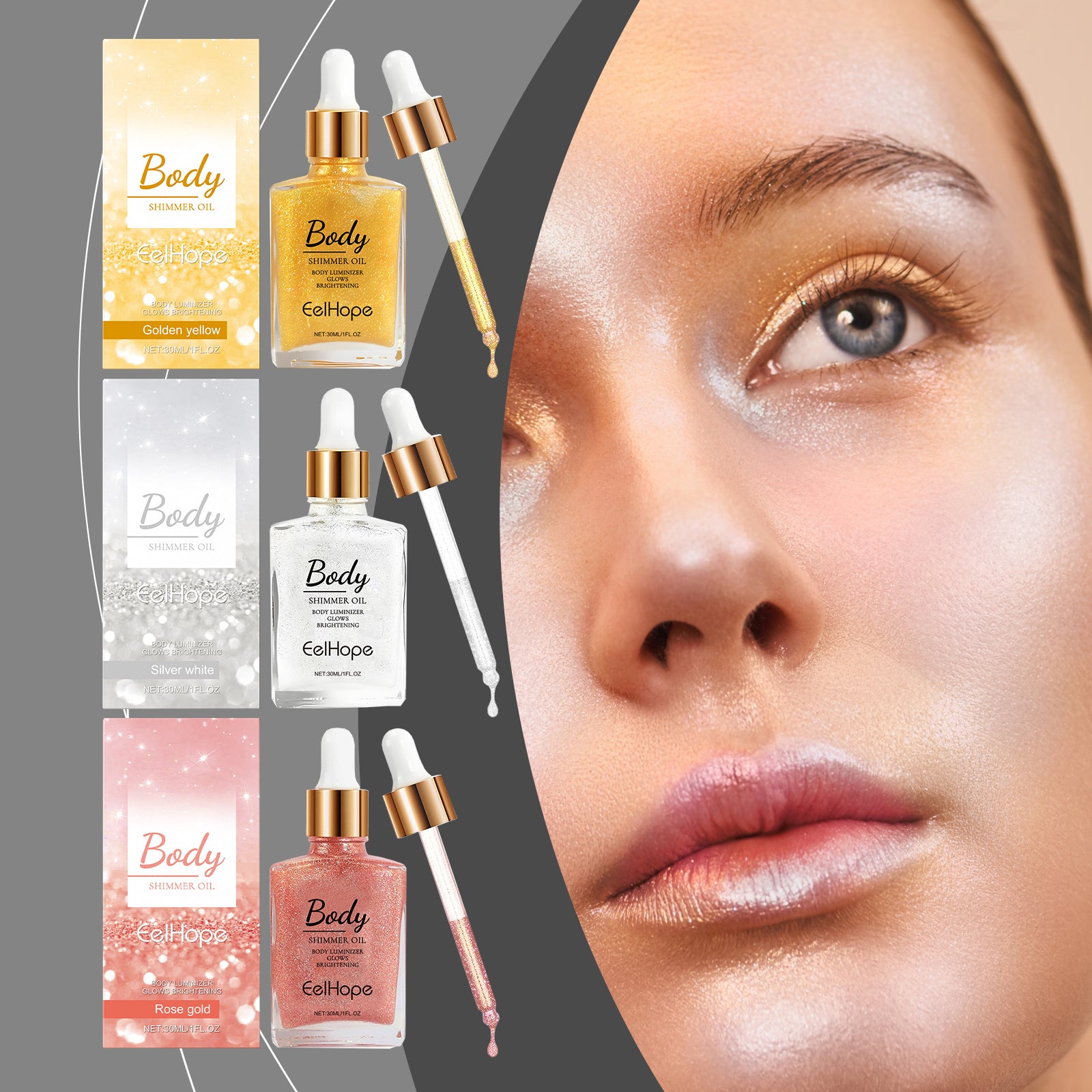 Body Shimmer Oil Moisturizer, Facial and Body Liquid Highlighter, Vitamins, Aloe, Jojoba Oil for Skin Care