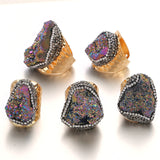 Natural Crystal Geode Cluster Ring, Beautiful Stone Cluster with Diamonds, Geode Gold-Plated Handmade Ring