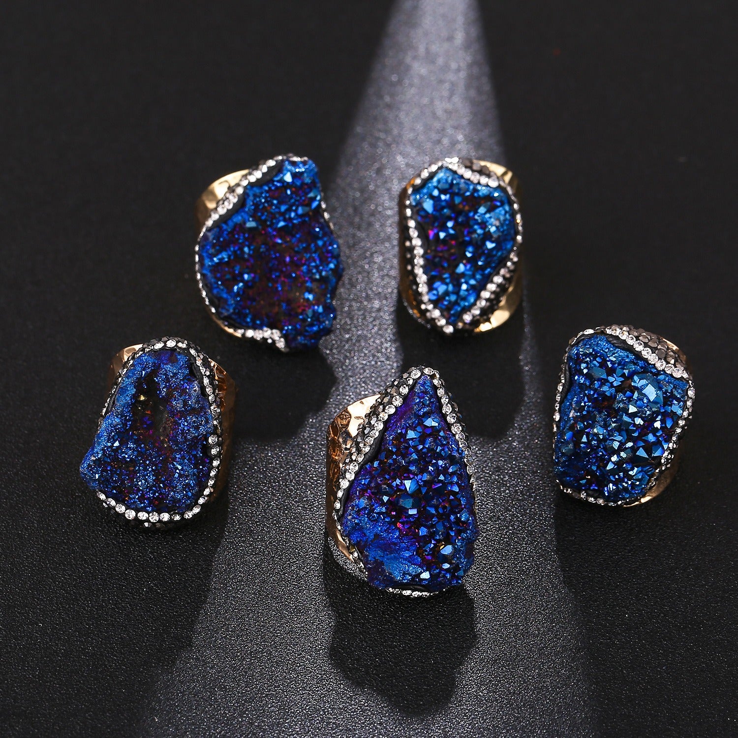 Natural Crystal Geode Cluster Ring, Beautiful Stone Cluster with Diamonds, Geode Gold-Plated Handmade Ring