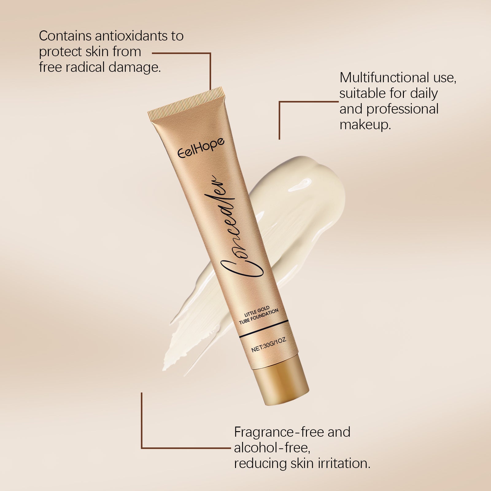 Gold Foundation Concealer, Natural Lightweight Skin Concealer Makeup, Moisturizing Liquid Foundation