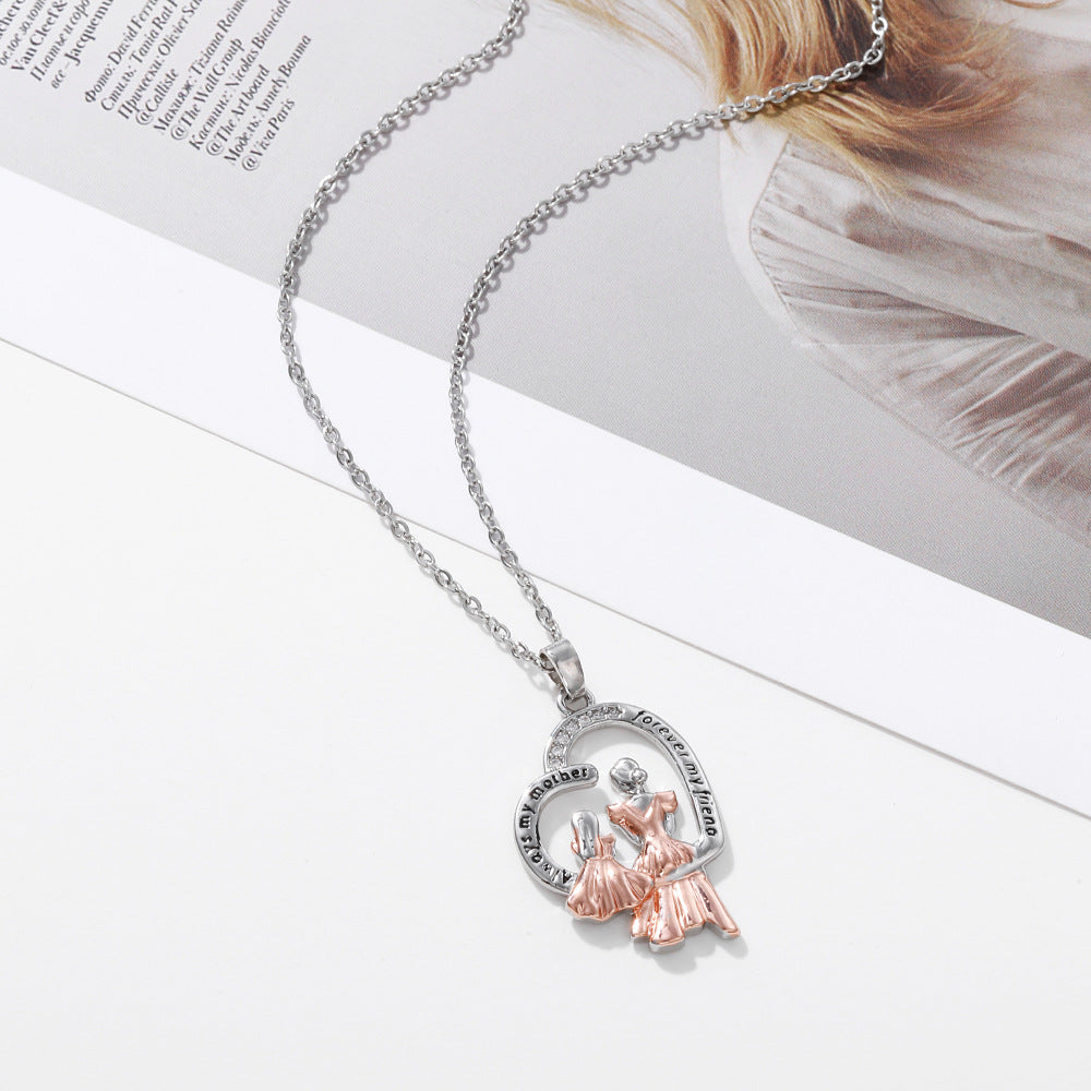 Mother & Daughter Gift Necklace "Always my mother, Forever my friend" Silver Rose Gold Zircon Figures Pendant