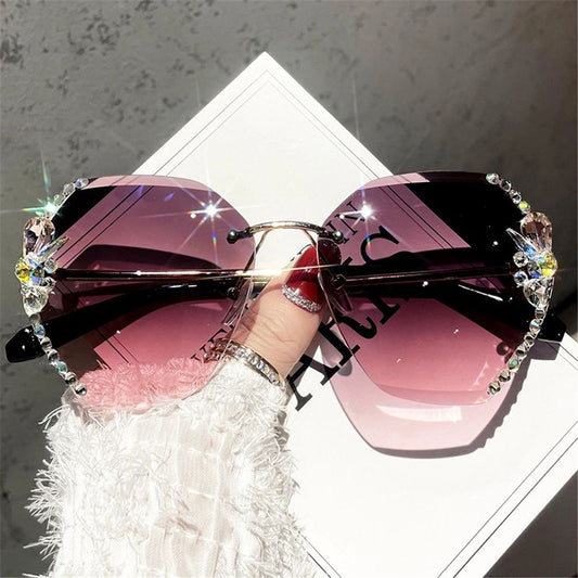 Vintage Rimless Rhinestone UV400 Sunglasses Retro Lens Gradient Sun Glasses