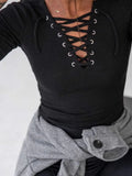 Lace Up Front Long Sleeve Ribbed T-Shirt