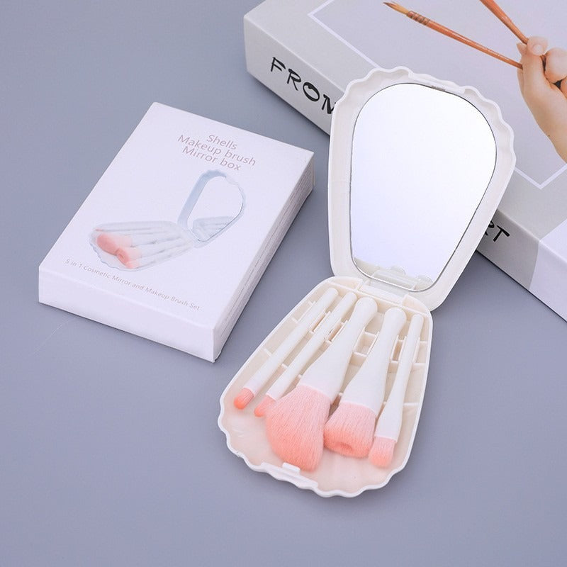 Shell Mirror with Brush Set, Powder Blush Brush Powder 5 Brush Portable Mini Set