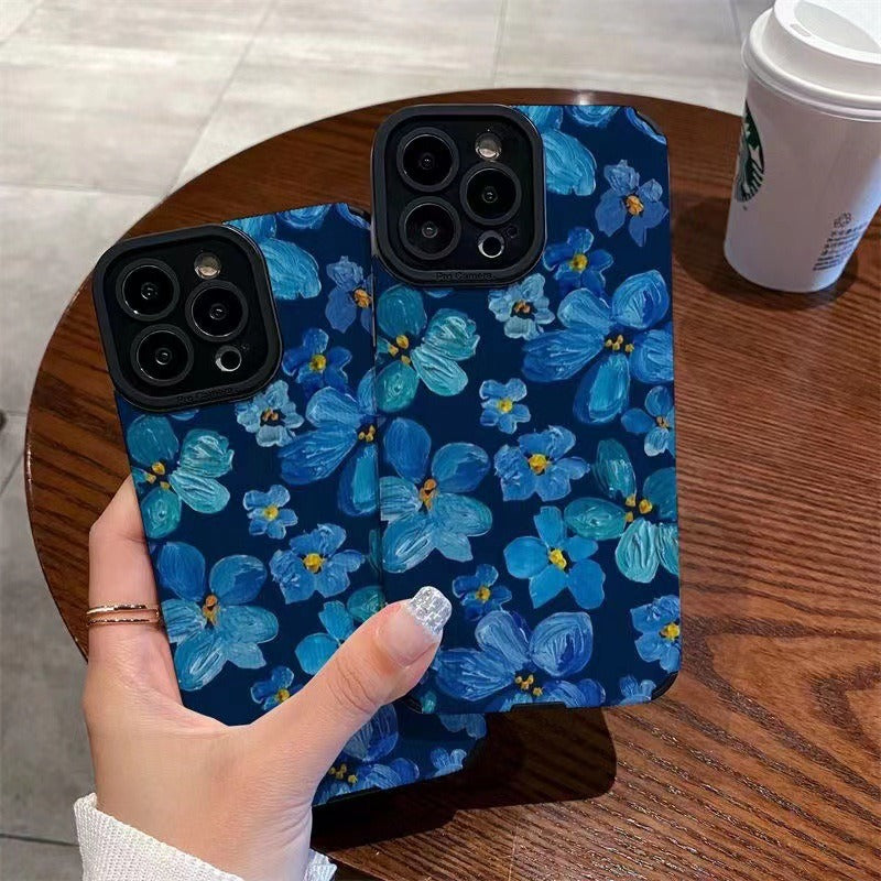 Blue Camellia Flower Faux Leather iPhone Cover 11pro Apple 14 13 iPhone 12 Suitable for 6s/8plus Soft Case