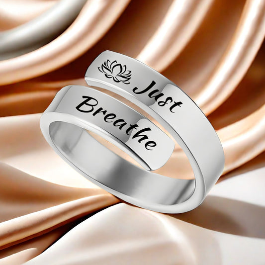 Just Breathe Wrap Titanium Steel Ring with Engraved Lotus or Heart Adjustable Size